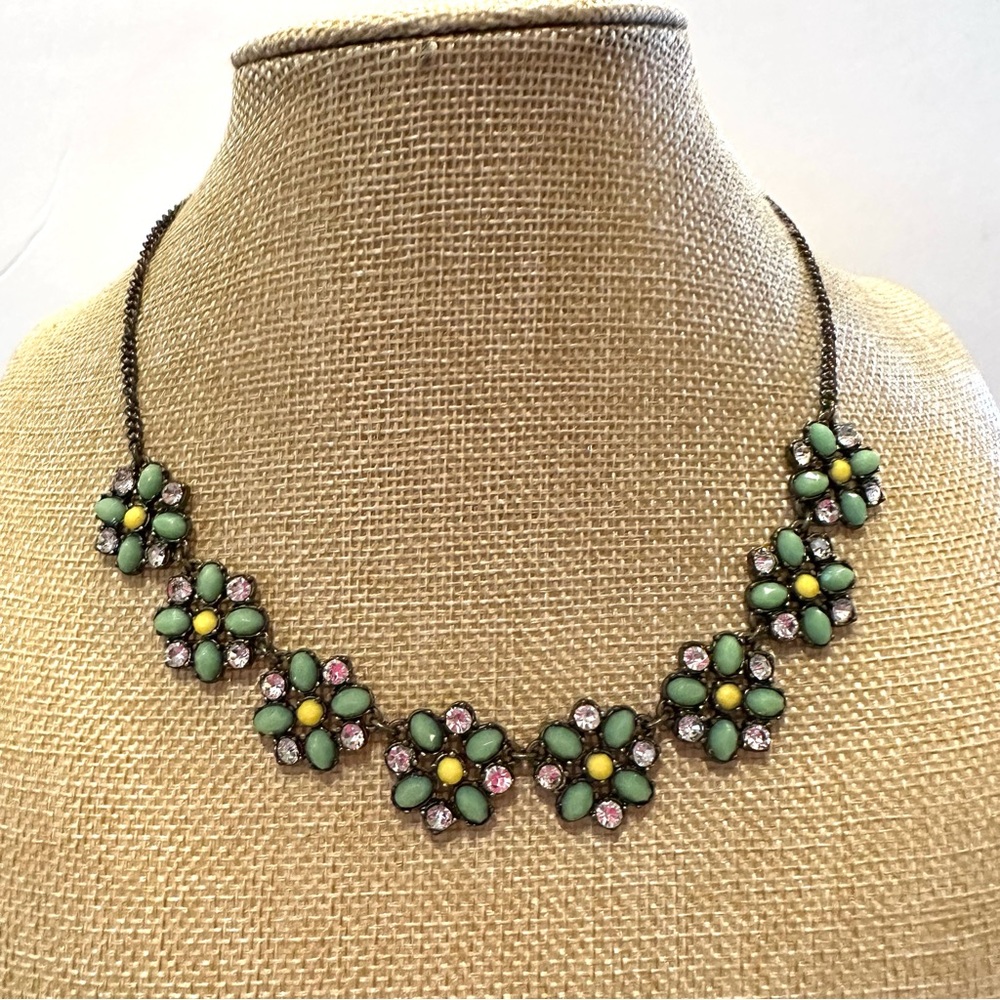 Jade & Jasper Statement Necklace- antique gold w/ flowers green, yellow & clear